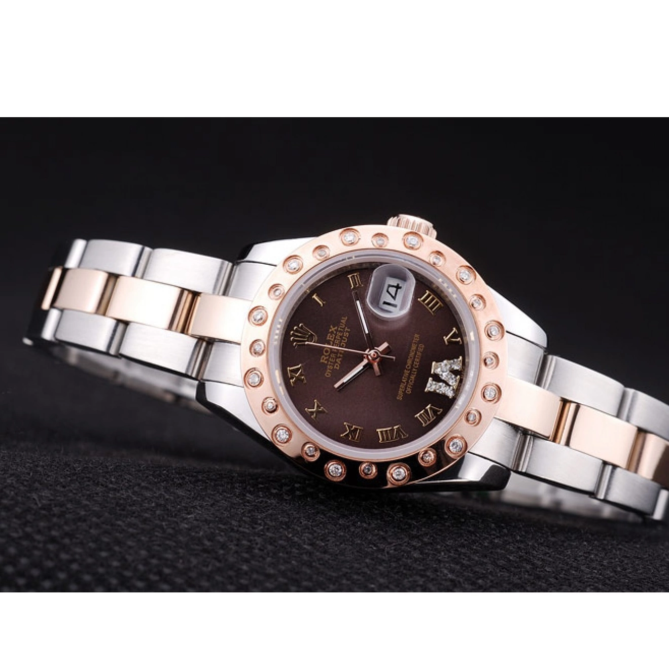 Aaa fake watches Gold Bezel Rose Brown Rolex Dial Polished Datejust Diamonds 7475 0825